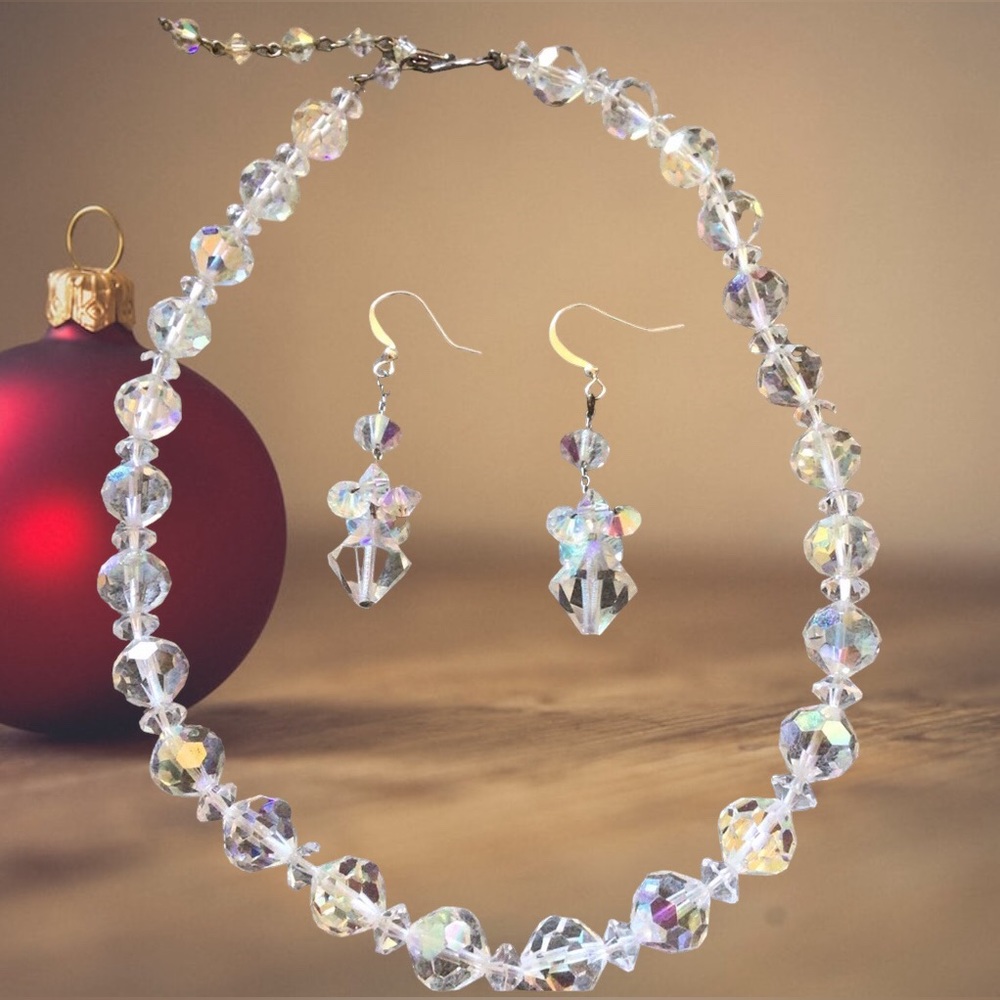 Vintage Austrian Aurora Borealis Crystal Necklace with Earrings